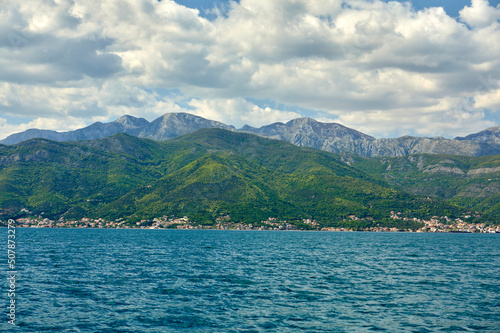 Beautiful aerial panorama view of montenegro coastline with azure sea water.
