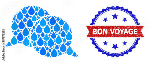 Vector mosaic talking, and bicolor textured Bon Voyage seal. Talking collage for clean beverage advertisement. Talking is designed with blue clean aqua drops.