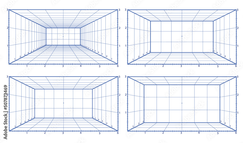 Set line perspective grid. Background for 3d interior room vector illustration. Frontal one-point view dimension wireframe. Set line perspective grid. Background for 3d interior room vector illustration. Frontal one-point view dimension wireframe.