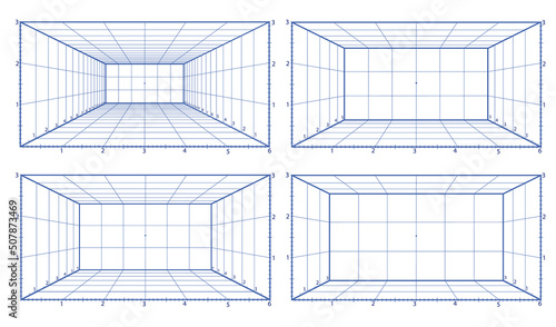 Set line perspective grid. Background for 3d interior room vector illustration. Frontal one-point view dimension wireframe.