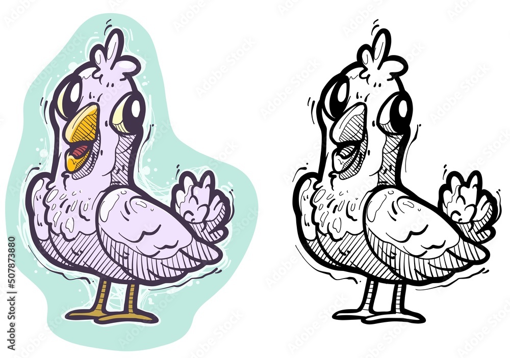 Fototapeta premium Cartoon funny cute hand drawn pink pigeon. Vector colorful sketch isolated on white background.