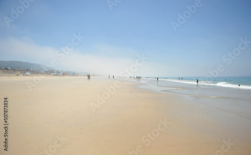 Bolonia beach on the coast of Tarifa with mist and haze, Cadiz, Spain. Bolonia is one of the best beaches on the coast of Cádiz in the Atlantic Ocean