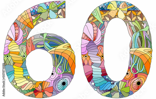 60 number vintage font. Engraving design. Vector illustration.