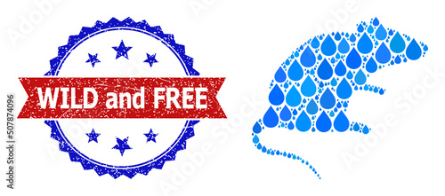 Vector mosaic rat, and bicolor unclean Wild and Free seal. Rat mosaic for clean water ads. Rat is designed with blue clean water raindrops.