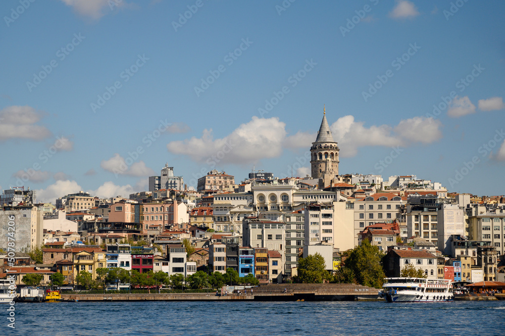 Scenic of the Galata district and Galata Tower on the north side of the Golden Horn in Istanbul, Turkey