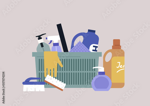 A set of cleaning products, sprays, detergents, soap, and brushes, a supermarket purchase