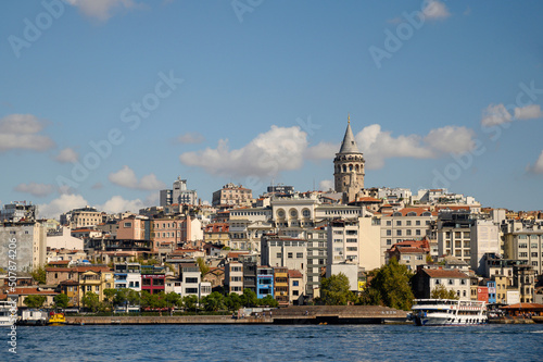 Scenic of the Galata district and Galata Tower on the north side of the Golden Horn in Istanbul, Turkey