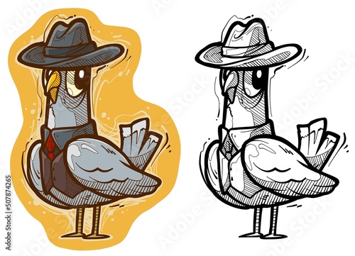 Cartoon funny cute hand drawn criminal pigeon in mafia hat and necktie. Vector colorful sketch isolated on white background.