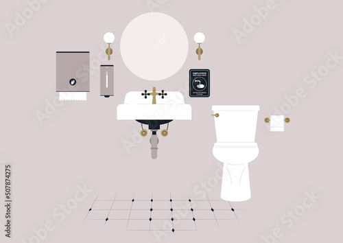 A restaurant restroom interior, a ceramic sink and a toilet bowl, a vintage furniture