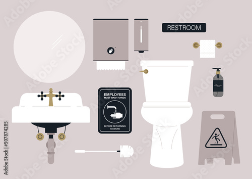 A restaurant restroom interior set, a ceramic sink and a toilet bowl, a vintage furniture