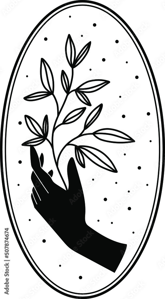 Mystical hands of a witch. Magic poster, Tattu style, Vector, Tarro, moon, celestial art. Hands.