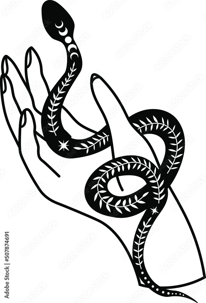 Fototapeta premium Mystical hands of a witch. Magic poster, Tattu style, Vector, Tarro, moon, celestial art. Hands.