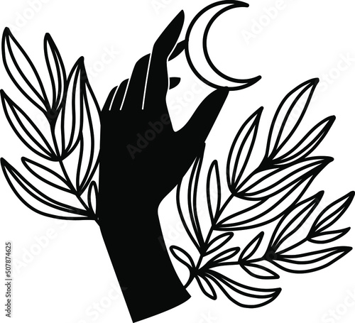 Mystical hands of a witch. Magic poster, Tattu style, Vector, Tarro, moon, celestial art. Hands.