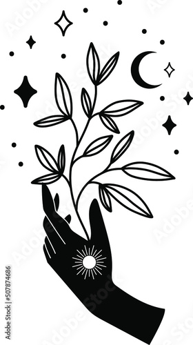 Mystical hands of a witch. Magic poster, Tattu style, Vector, Tarro, moon, celestial art. Hands. photo