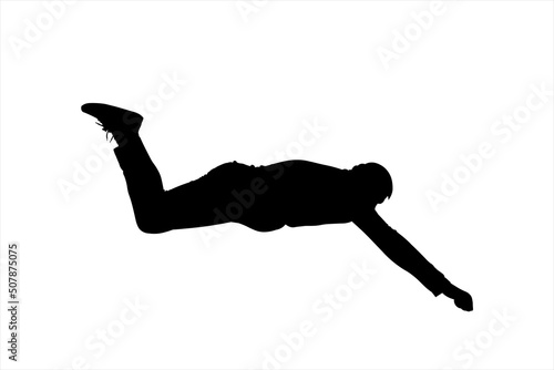 Rescuer. Rescue operation. A man lying on his stomach stretches forward. Skydiver. A guy in a cap, sneakers, and tracksuit lies on his stomach, face down. Black male silhouette isolated on white