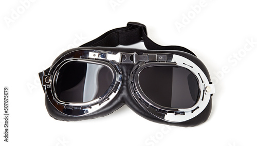 Black aviator or bike glasses isolated on white background. Close-up of aviator goggles in retro style