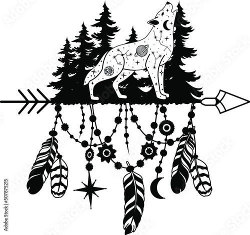 Mystical wolf. Magic poster, Tattu style, Vector, Tarro, moon, celestial art. Mountains, spruce, dream catcher, wolf.