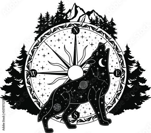 Mystical wolf. Magic poster, Tattu style, Vector, Tarro, moon, celestial art. Mountains, spruce, dream catcher, wolf.
