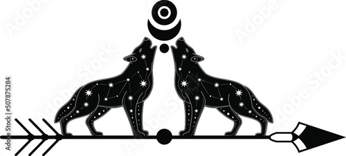 Mystical wolf. Magic poster, Tattu style, Vector, Tarro, moon, celestial art. Mountains, spruce, dream catcher, wolf.