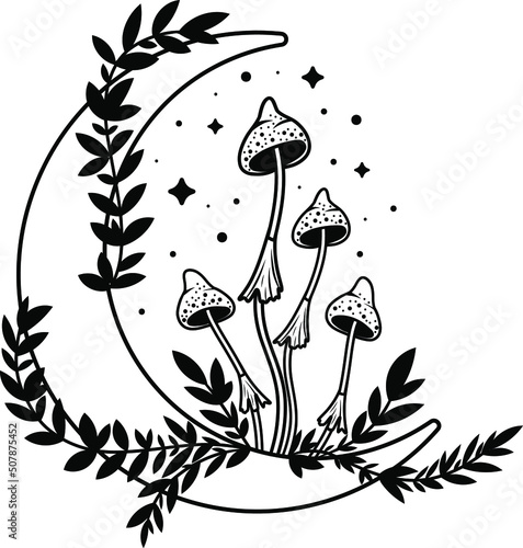 Mystical mushrooms. Vector mushrooms. Full moon, sun, stars, grass, eyes. Black silhouette of mushrooms. Tarro cards. Mystical print.