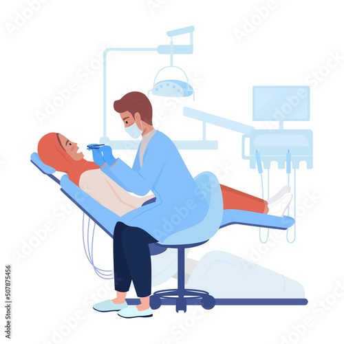 Dentist examining patient oral cavity semi flat color vector characters. Posing figures. Full body people on white. Healthcare simple cartoon style illustration for web graphic design and animation