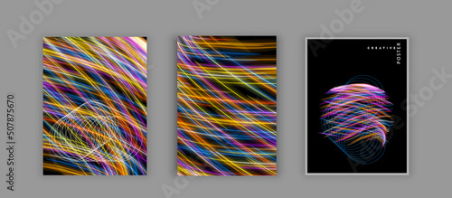 Bright multi-colored neon lines on a black background.  Background line art patterns. Vector template brochures, flyers, presentations, leaflet, magazine a4 size