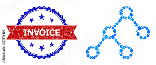 Vector mosaic binary connections, and bicolor unclean Invoice seal stamp. Binary connections mosaic for pure drink advertisement. Binary connections is designed with blue clear aqua drops.