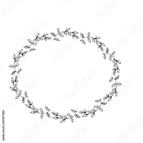 Elegant floral frame, border silhouette in hand drawn doodle style isolated on white background. Wreath decoration, delicate clip art