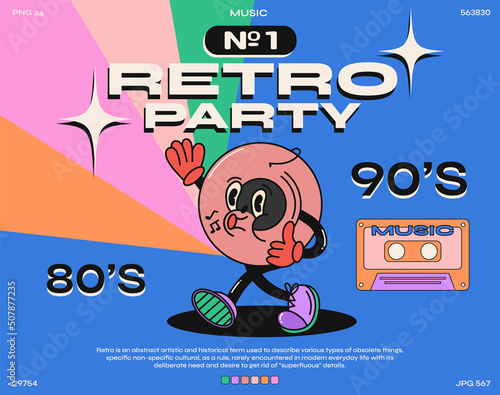 Funny cartoon character. fashion poster. Vector illustration of a vinyl record and a retro cassette in the style of 90s music. Set of comic elements in trendy retro cartoon style.