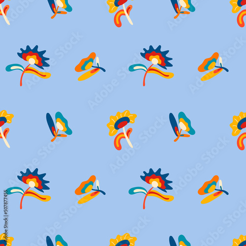 Psychedelic seamless patterns in retro 70s style, groovy hippie backgrounds. Teenage cartoon funky print with abstract bright colors in the hippie style.
