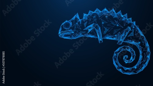 Chameleon. Polygonal lizard design of lines and dots. Blue background.