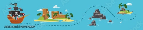 Route of marine adventure for searching pirates treasure, vector illustration.