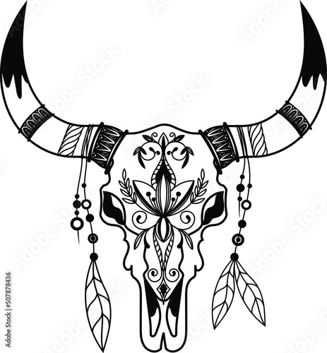 Skull of a cow, buffalo. Skull silhouette. Mystical art. Skull in boho style. Vector graphics.