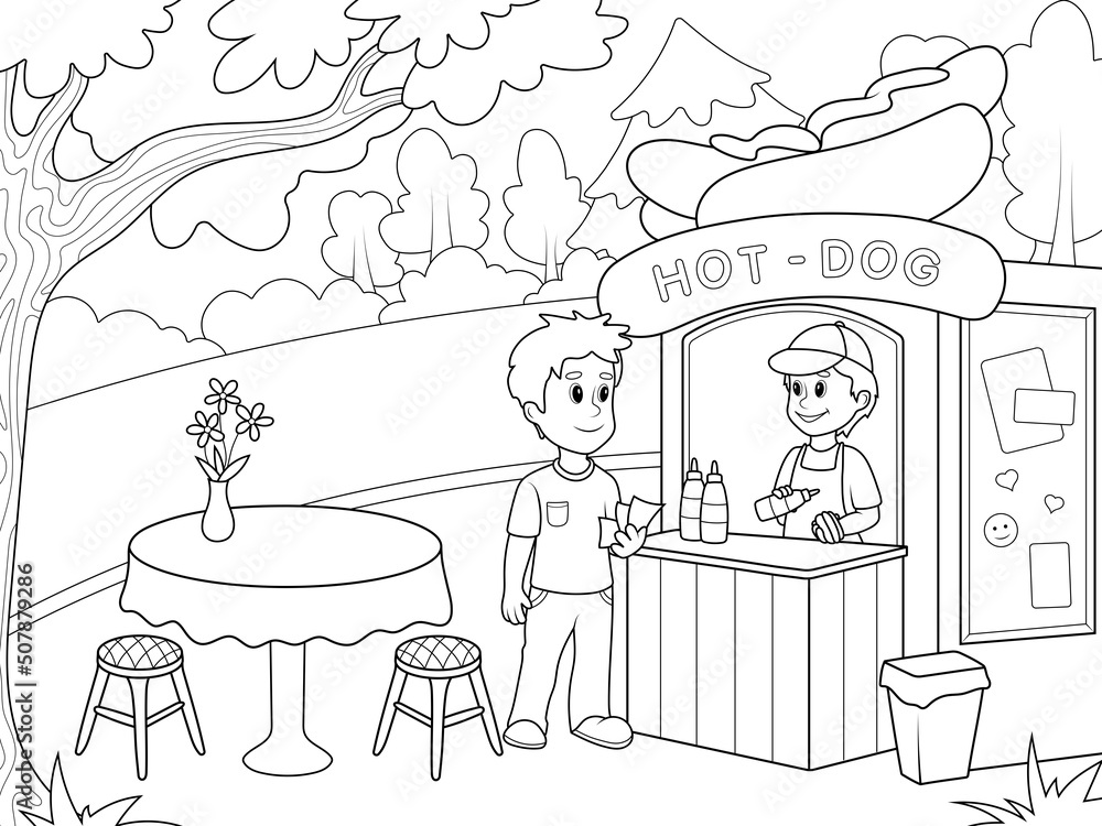 Food zone, amusement park. Man buys a hot dog. Page outline of cartoon. Vector illustration, coloring book for kids.