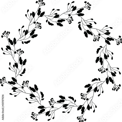 Round frame made of flowers. Leaves frame. Wreath of flowers and leaves. wreath silhouette. Contour frame from plants. Vector illustration.