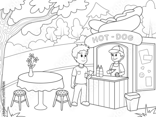Food zone  amusement park. Man buys a hot dog. Page outline of cartoon. Vector illustration  coloring book for kids.