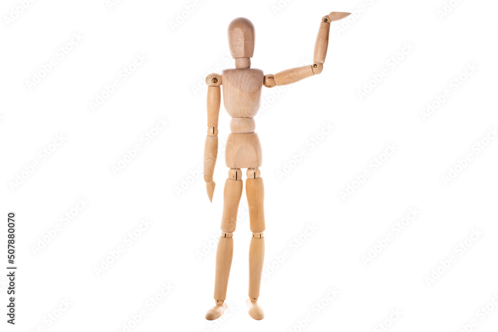 wooden man shows his hand to the side isolated on white background wooden man shows his hand to the side isolated on white background