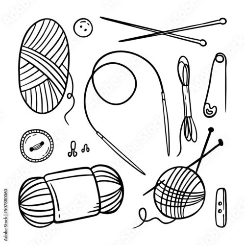 Knitting accessories knitting needles and yarn. Hand made needlework doodles Vector illustration on white background