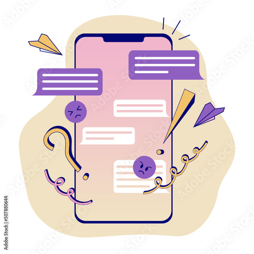 Chatting and messaging on a smartphone. Bed comments. Online hate speech. Internet bullying. Screen with speech bubbles. Vector illustration.