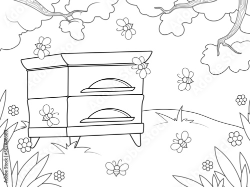 House for bees, beehive stands in the garden. Page outline of cartoon. Vector illustration, coloring book for kids.