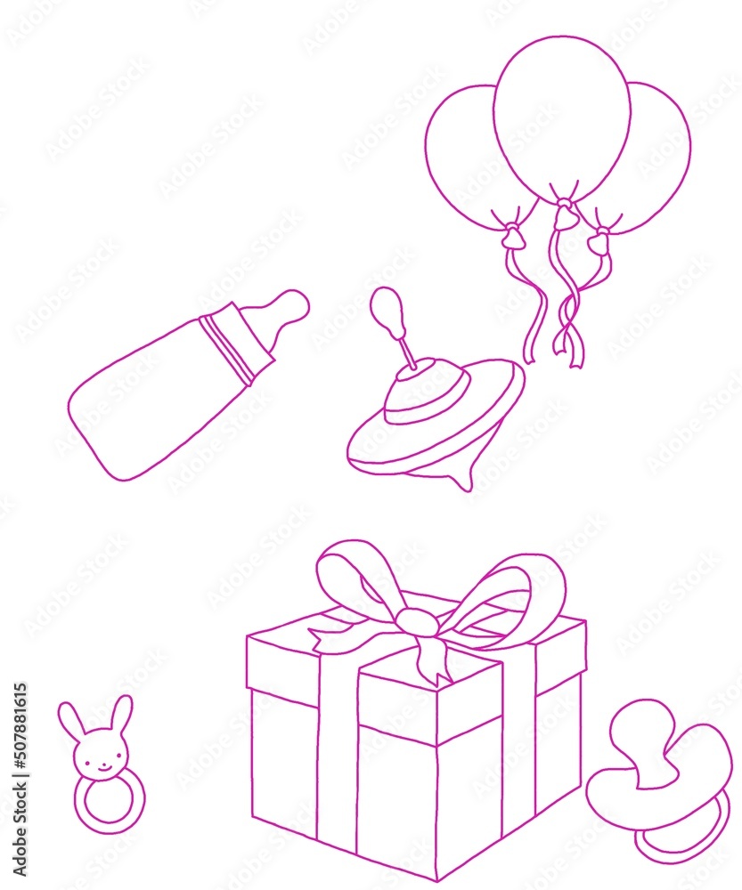 baby child. Clipart of a newborn girl. Gift box, bottle and pacifier. Illustration of a postcard for a newborn girl on a white background.
