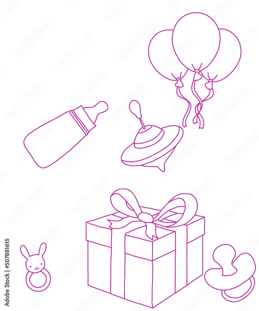 baby child. Clipart of a newborn girl. Gift box, bottle and pacifier. Illustration of a postcard for a newborn girl on a white background. baby child. Clipart of a newborn girl. Gift box, bottle and pacifier. Illustration of a postcard for a newborn girl on a white background.