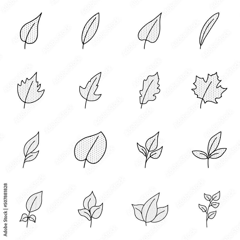 Leaf icons set in doodle style, isolated on white background Leaf icons set in doodle style, isolated on white background