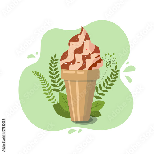 Cold coffee drink with ice cubes in disposable plastic cups. Frappuccino with whipped cream, chocolate or caramel filling and carbonated drink. Leaf decor. Vector flat illustration.