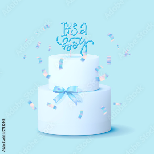 3d realistic cake with stick topper - It's a boy. Baby shower congratulation. Blue Vector illustration.
