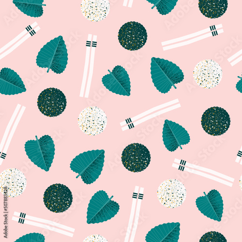 Stylish seamless pattern with rice balls and sesame leaves and chopsticks. Asian traditional cuisine. Vector print, background, design.
