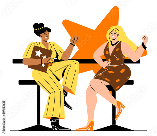 Celebrities at interviews concept. Famous woman communicates with host of evening show. Actress or model attends events as guest and answers questions. Cartoon flat vector illustration in doodle style