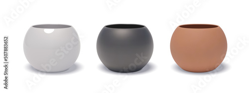 Foto 3D realistic glossy white, black and terracotta ceramic flower pots with drop shadows