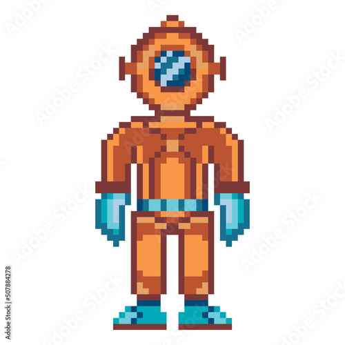 Pixel Art Retro Deep Sea Diver in Aqua Suit