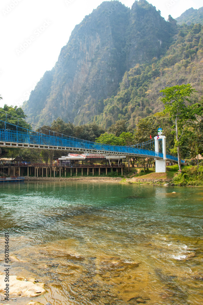 Naklejka premium A beautiful panoramic view of Vang Vieng city in Laos.